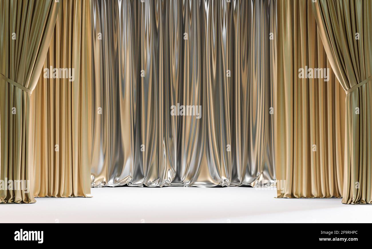 Klassische Vorhänge in Gold- und Silbertönen. 3d-Rendering Stockfoto
