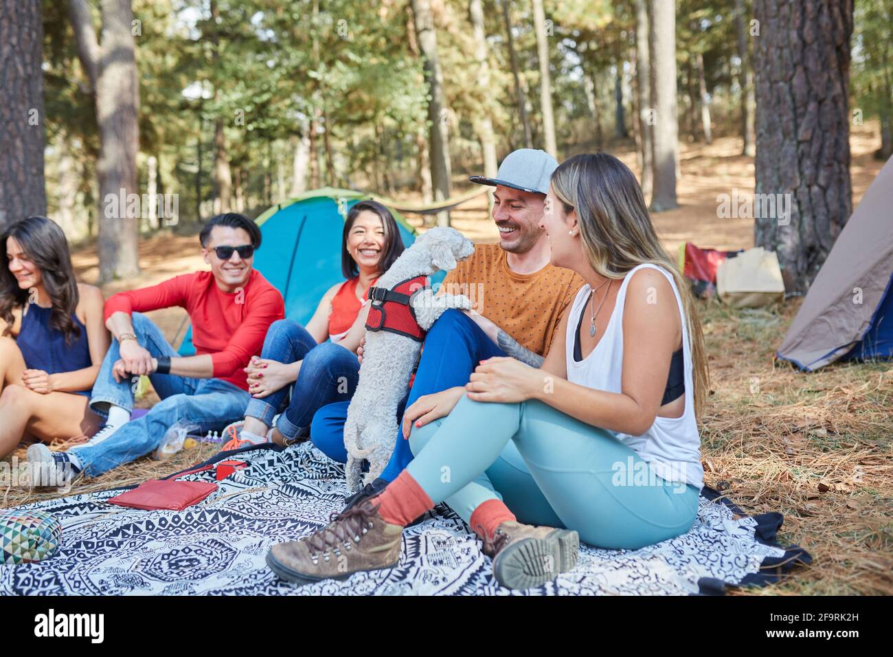 Eine Gruppe von Freunden mit ihrem Hund, die eine schöne Zeit haben Außerhalb ihres Zeltes Stockfoto