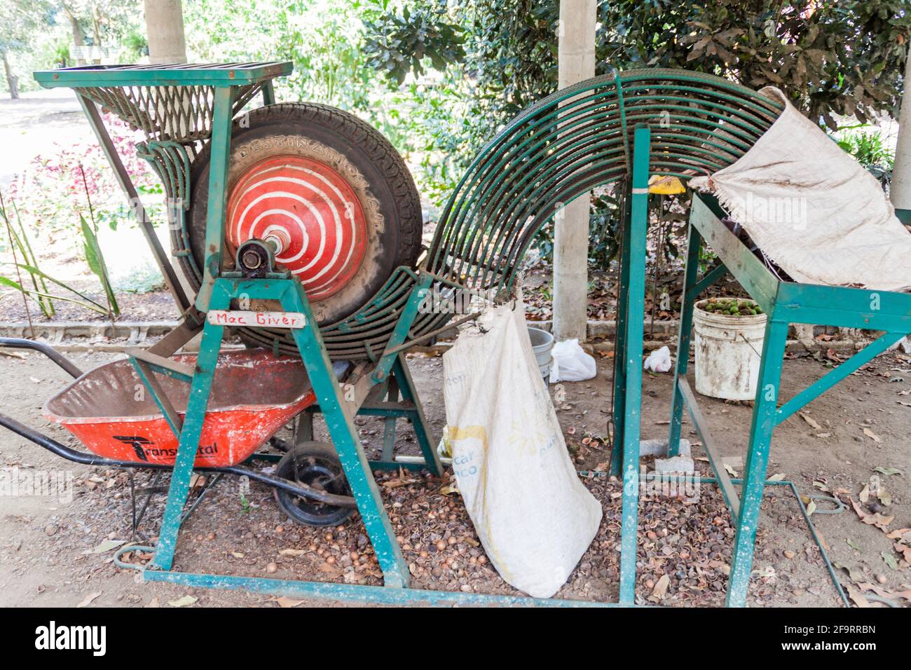 SAN MIGUEL DUENAS, GUATEMALA - 28. MÄRZ 2016: Macadamia-Beschuss-Maschine auf der Valhalla Experimental Station, Macadamia-Farm, in San Stockfoto