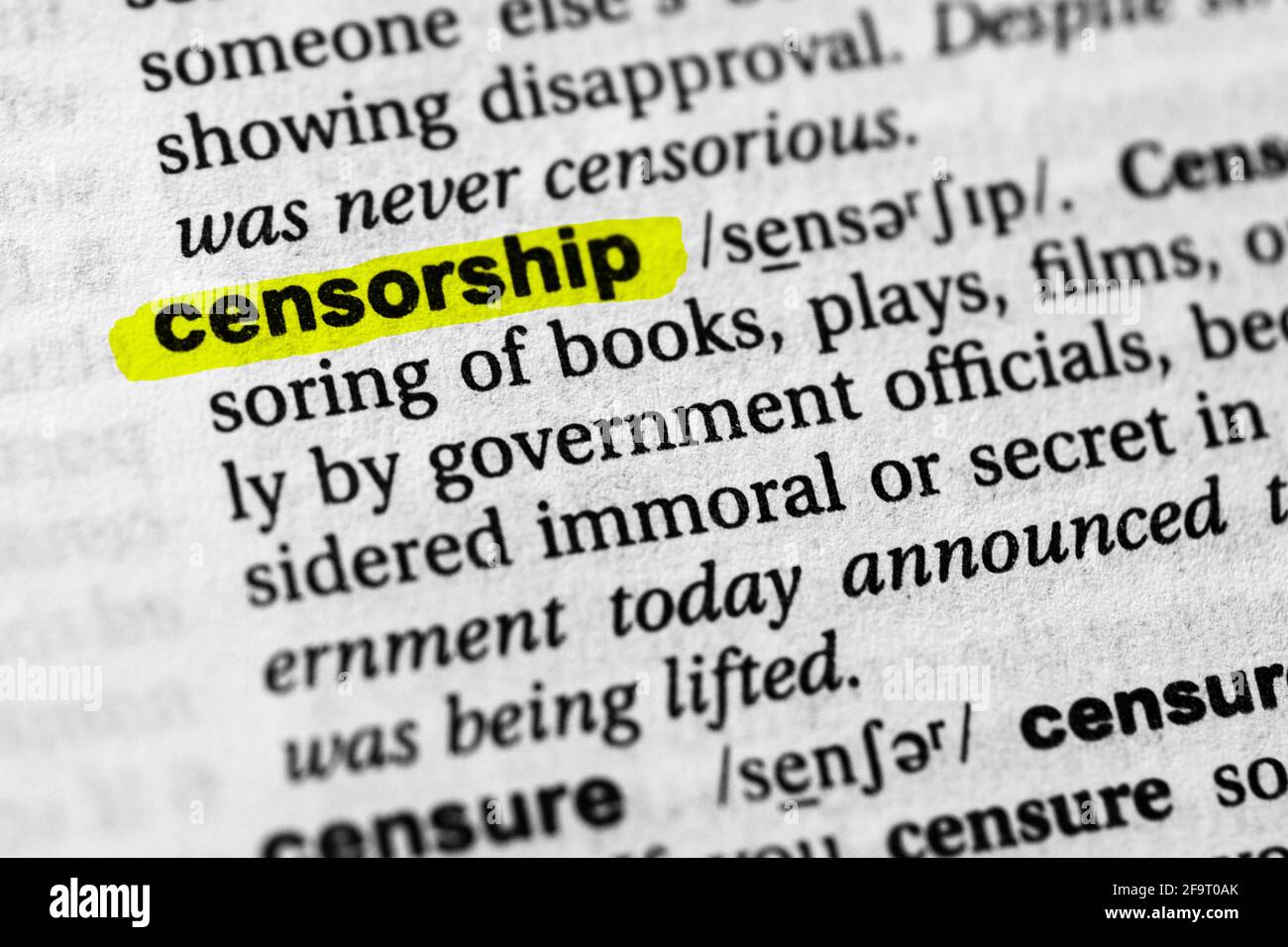Hervorgehobenes Wort Zensur Konzept und Bedeutung. Stockfoto