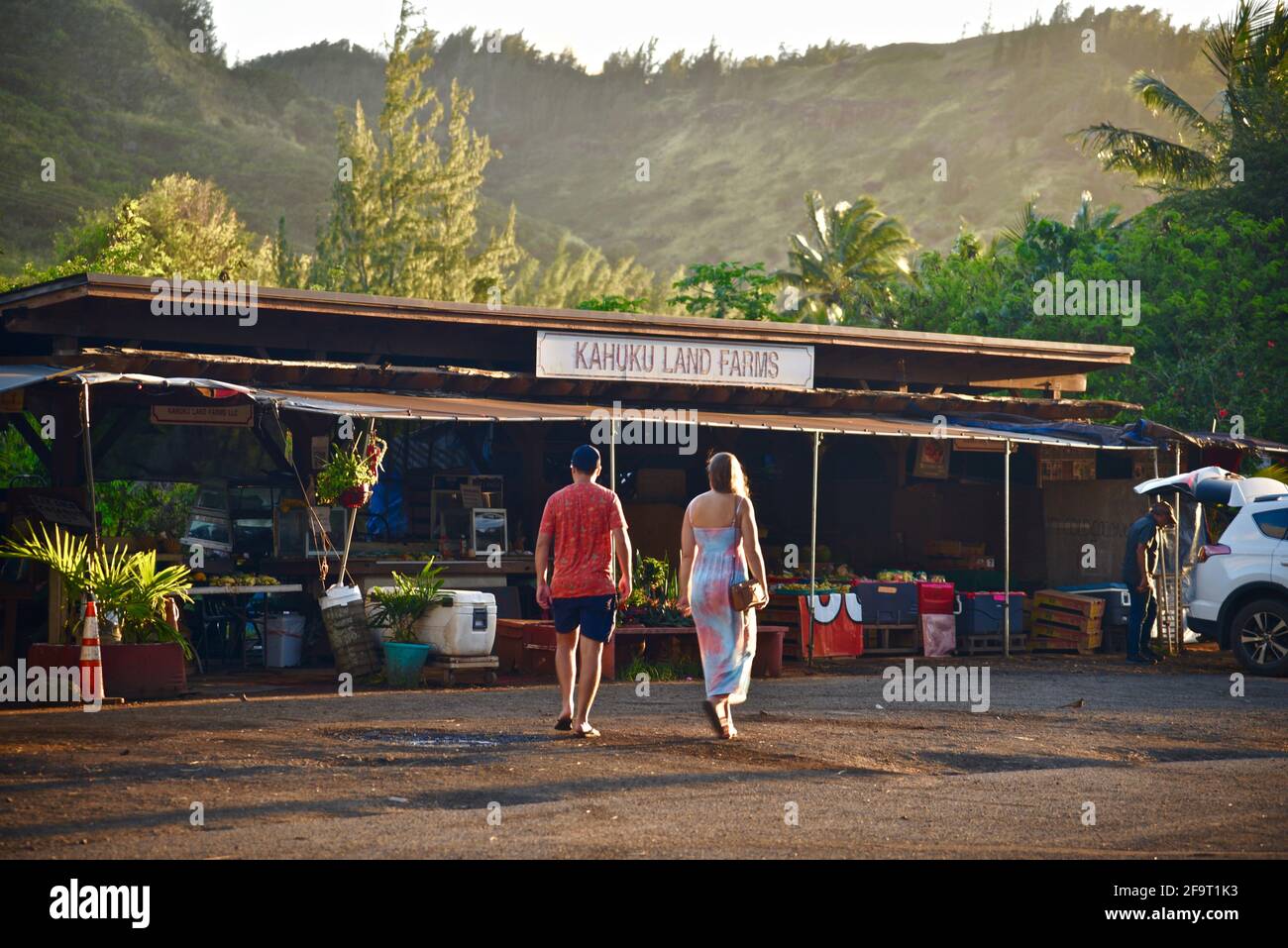 Junge Paare, die während des Sonnenuntergangs am Bauernmarkt am Straßenrand einkaufen, stehen auf den Kahuku Land Farms, North Shore of Oahu, in der Nähe des Turtle Bay Resort, Hawaii, USA Stockfoto