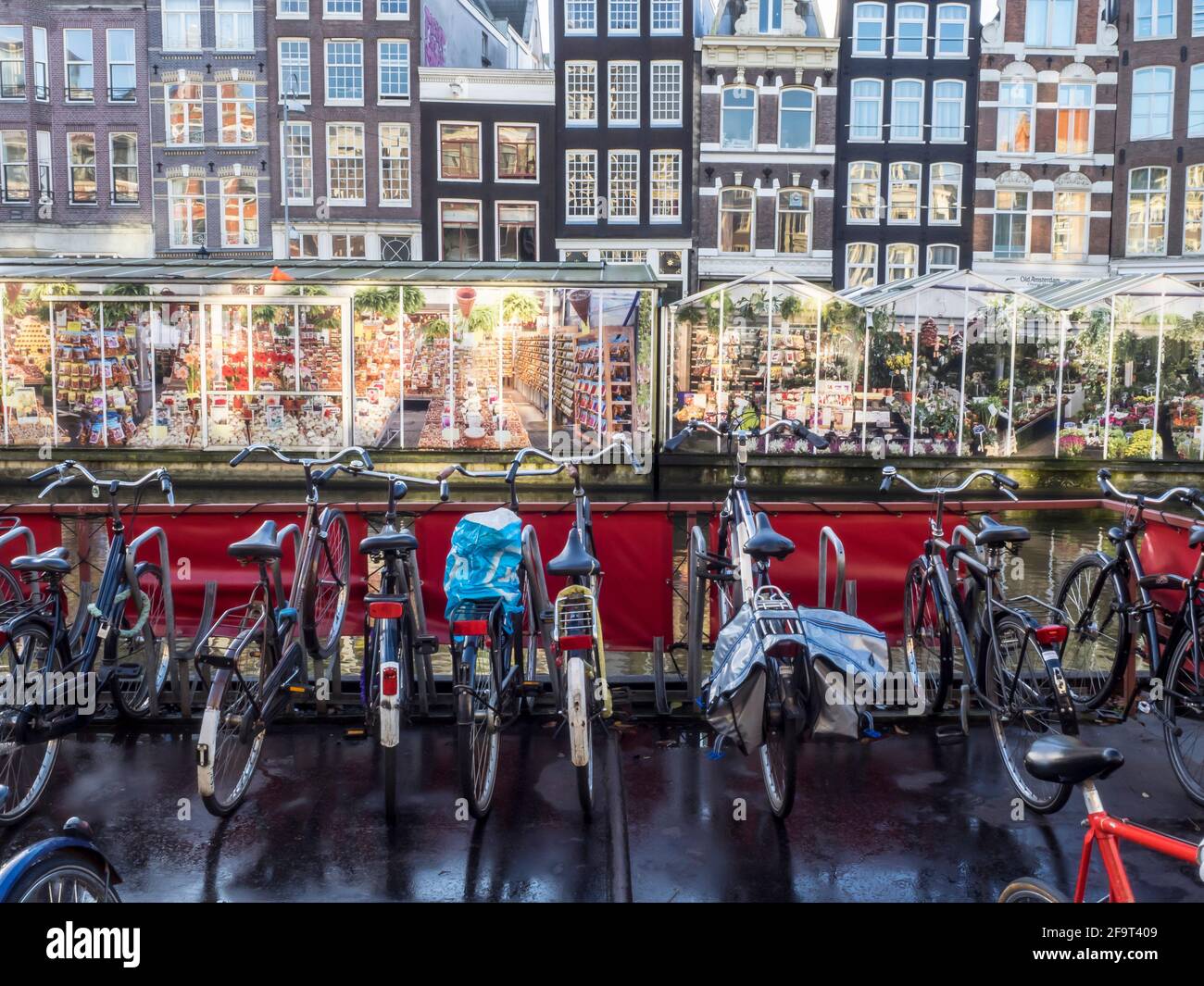 Mehrere Fahrräder parkten vor dem Amsterdamer Blumenmarkt. Stockfoto