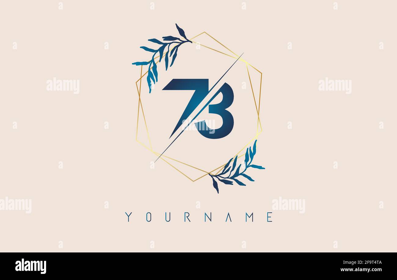 Nummer 73 7 3 Logo mit goldenen Polygonrahmen und gradienten blauen Blättern. Luxuriöse Vektorgrafik mit Zahlen 7 und 3 und blauem Farbverlauf. Stock Vektor