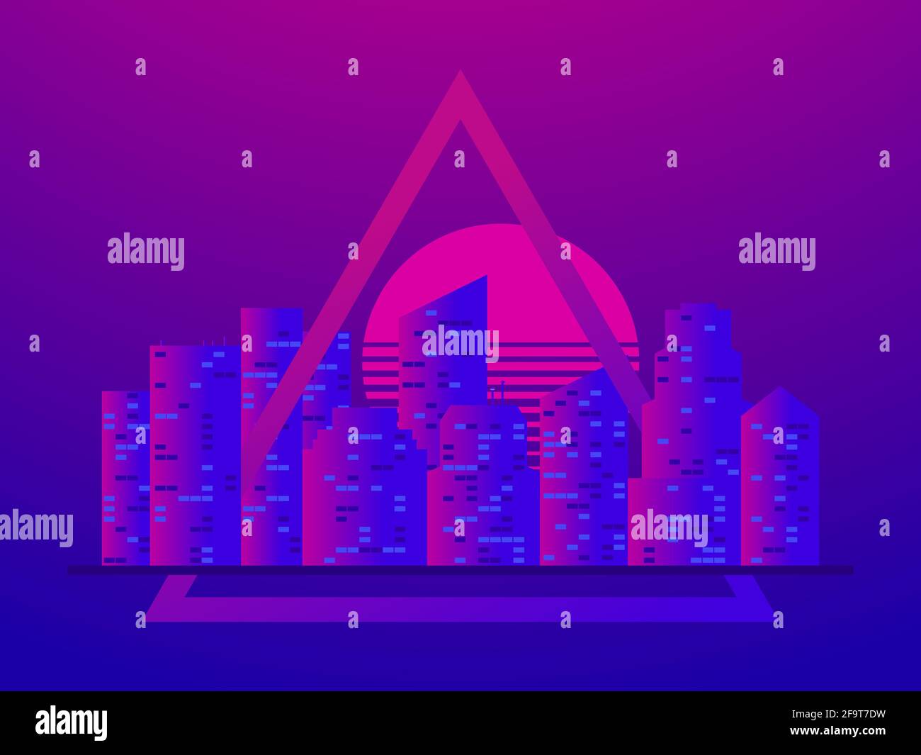 Stadtbild mit Wolkenkratzern im Stil der 80er Jahre. Retro Futurismus Sonnenuntergang. Blick auf die Stadt Sci-Fi. Synthwave- und Cyberpunk-Stil. Vektorgrafik Stock Vektor