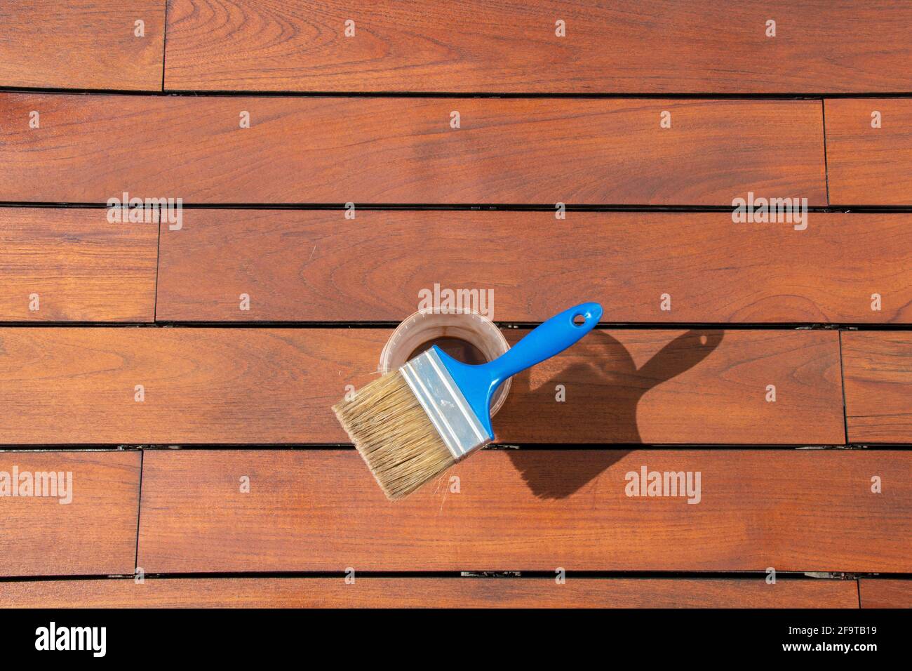 Teakholz Deck Renovierung Behandlung und Wartungskonzept, Pinsel auf dem Eimer mit Öl, Färbung Holzterrasse Stockfoto