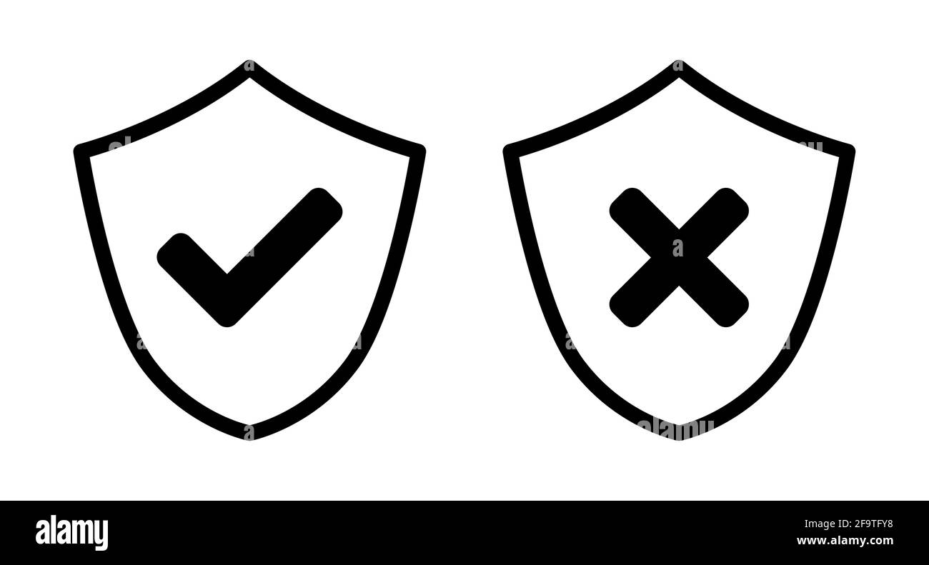 Schild Schwarz-Weiß-Symbol für sichere und unsichere Sicherheit mit einem Kreuz und X-Zeichen gesetzt. Vektorbild. Stock Vektor
