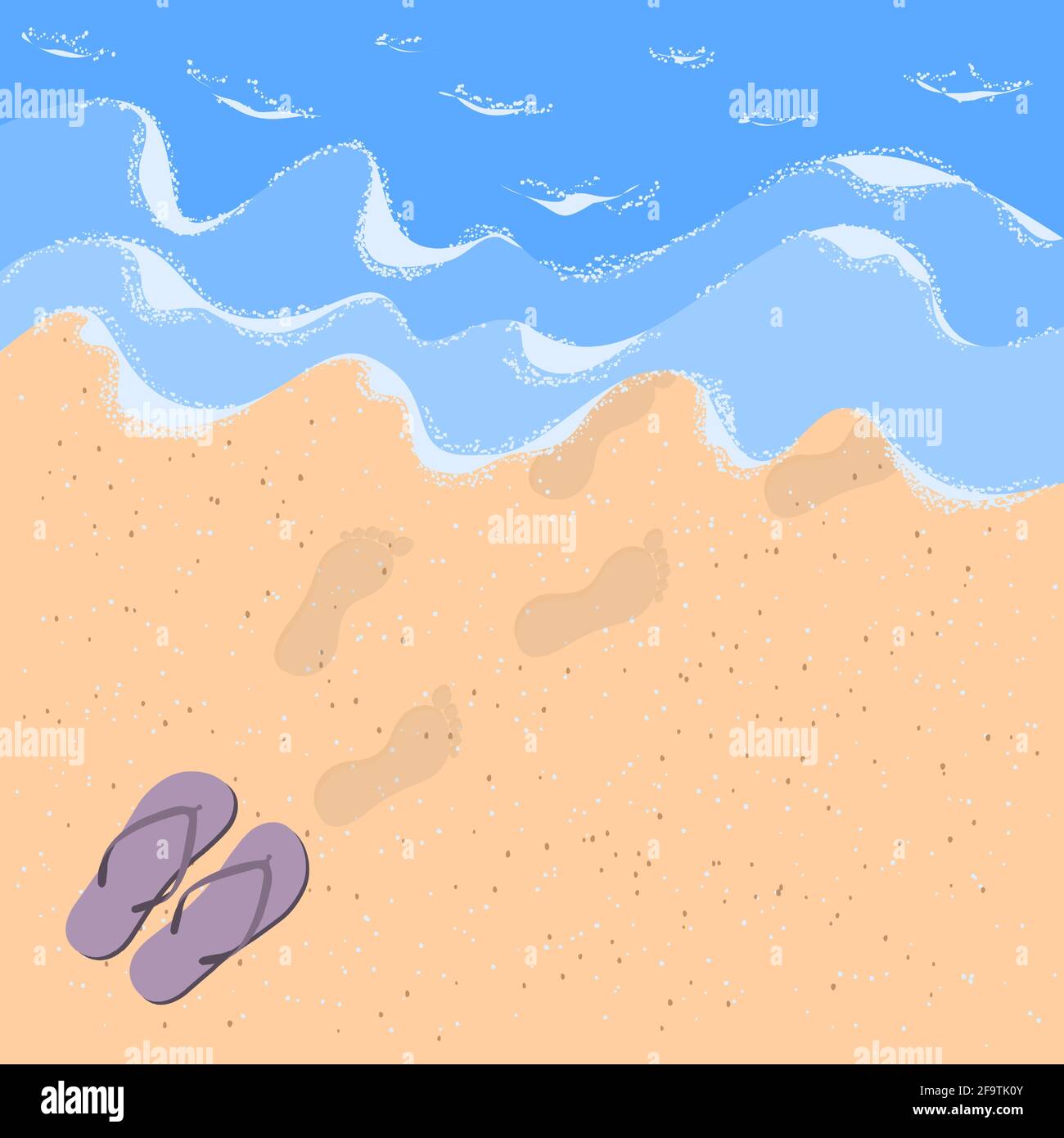 Flip Flops und Stufen auf dem Sand am Meer. Sandstrand mit Wellen, Meeresschaum und Flip Flops mit menschlichen Fußabdrücken im Sand.Sommerurlaub Konzept Stock Vektor