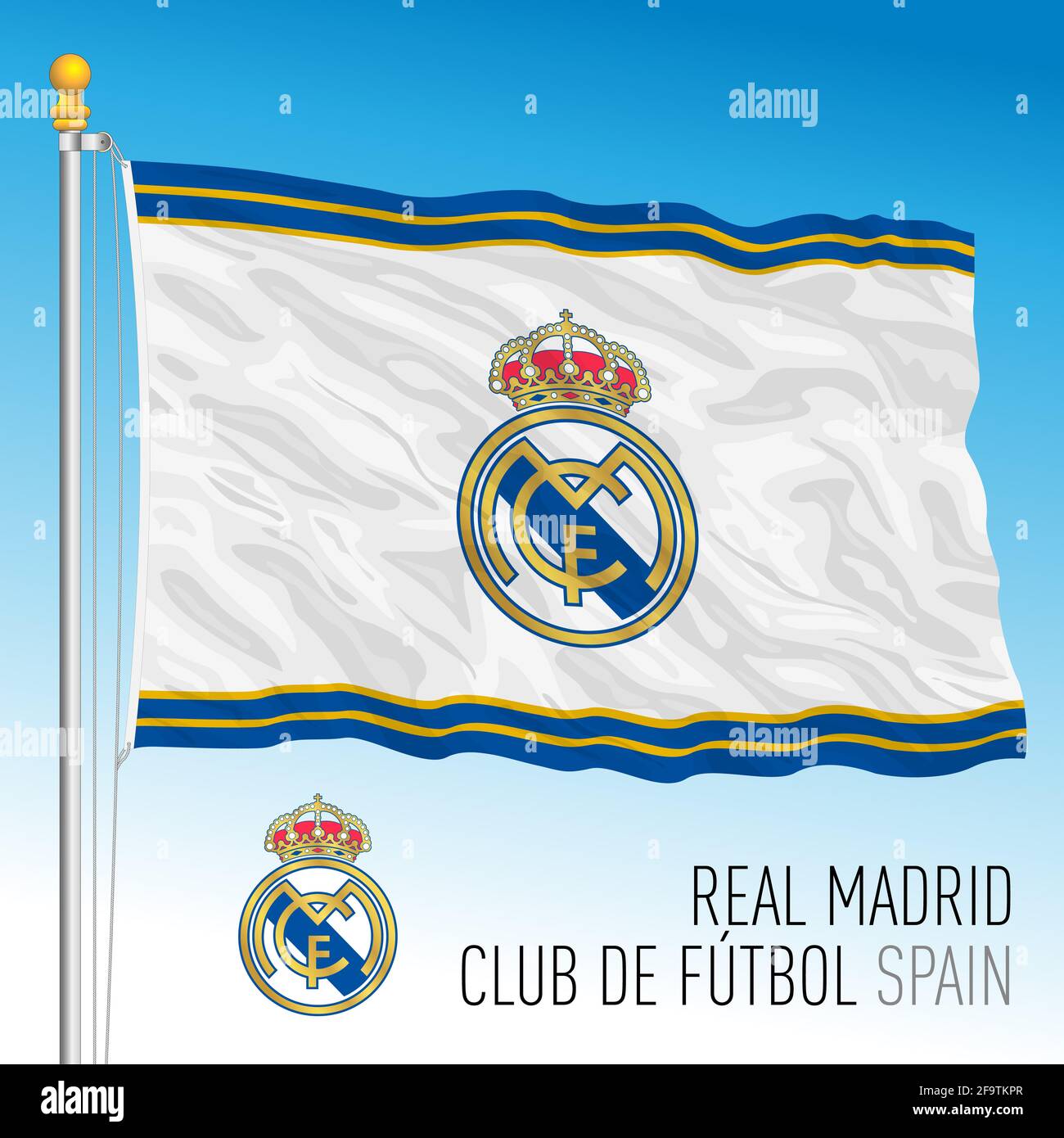 Europa, Jahr 2021, Real Madrid Football Club Flagge und Wappen-Team in der neuen Super League Meisterschaft, Illustration Stockfoto