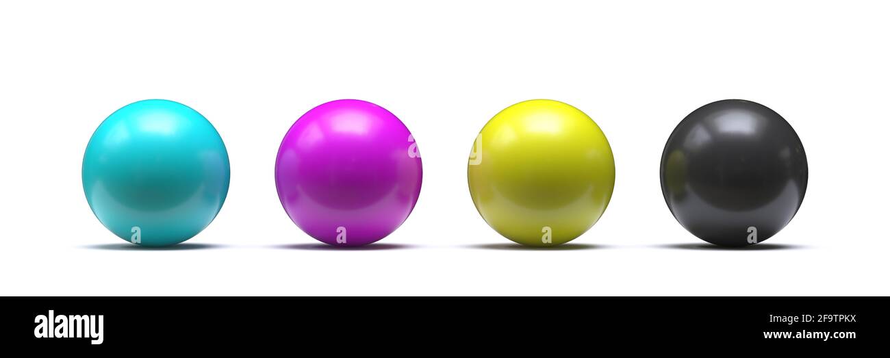 Kugeln in CMY-Farben - Cyan, Magenta, Gelb, Schwarz 3D-Darstellung isoliert auf weißem Hintergrund Stockfoto