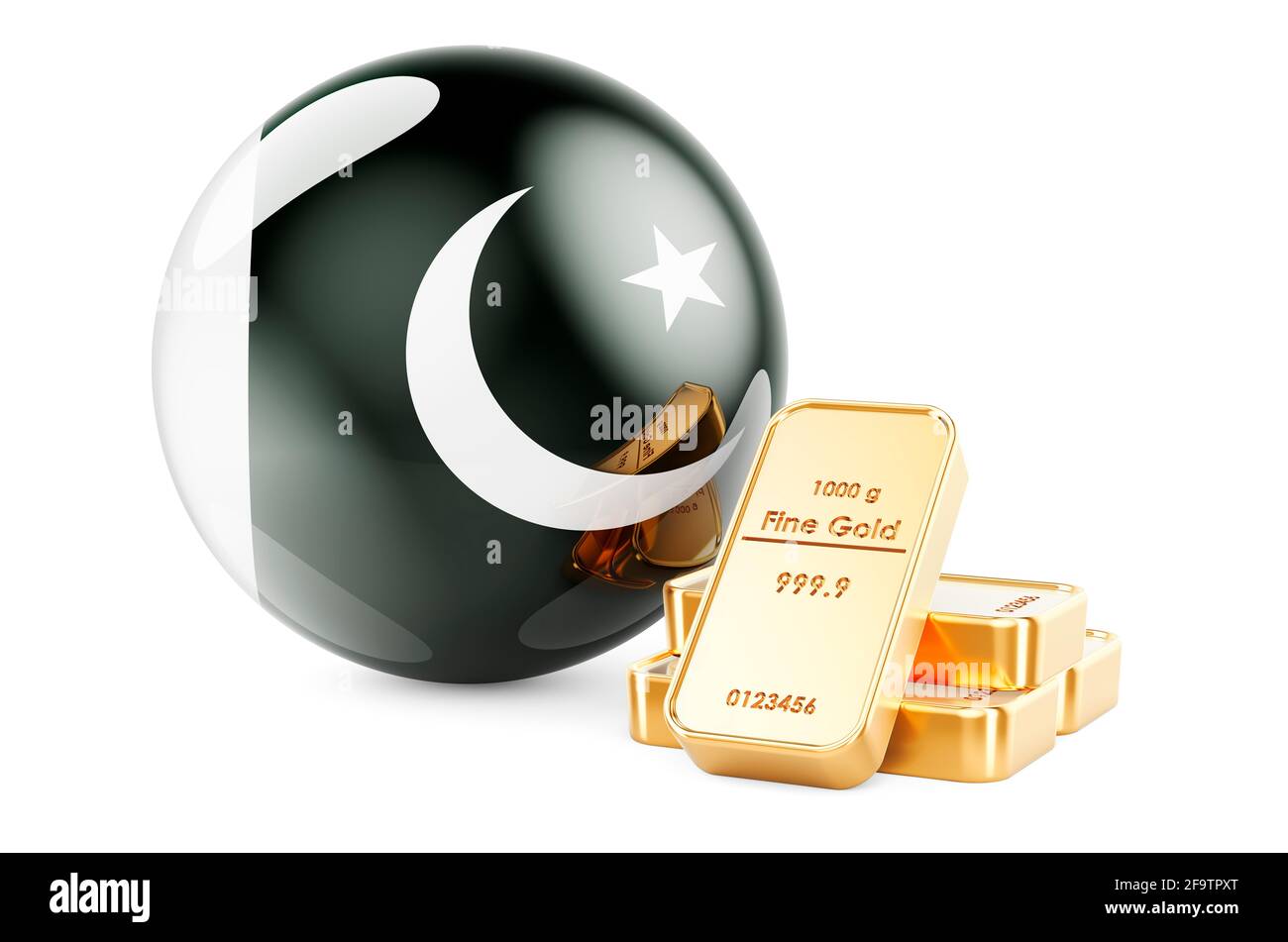 Goldene Barren mit pakistanischer Flagge. Devisen-Reserven von Pakistan-Konzept. 3D-Rendering auf weißem Hintergrund isoliert Stockfoto