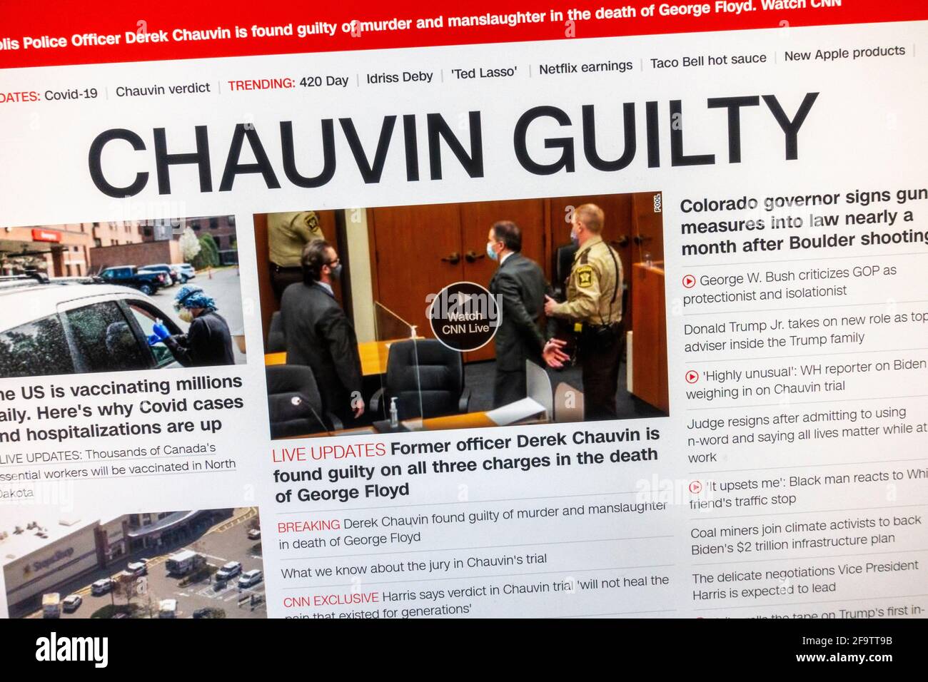 Schlagzeile „Chauvin schuldig“: Reaktion auf die Verurteilung von Derek Chauvin wegen Mordes an George Floyd auf der CNN-Website, 20. April 2021. Stockfoto