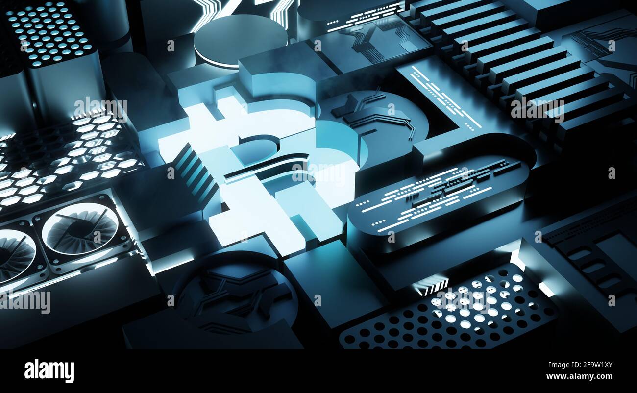 Hintergrund für Kryptowährungs-Hardware und Bitcoin-Mining-Technologie. 3D-Illustration Stockfoto