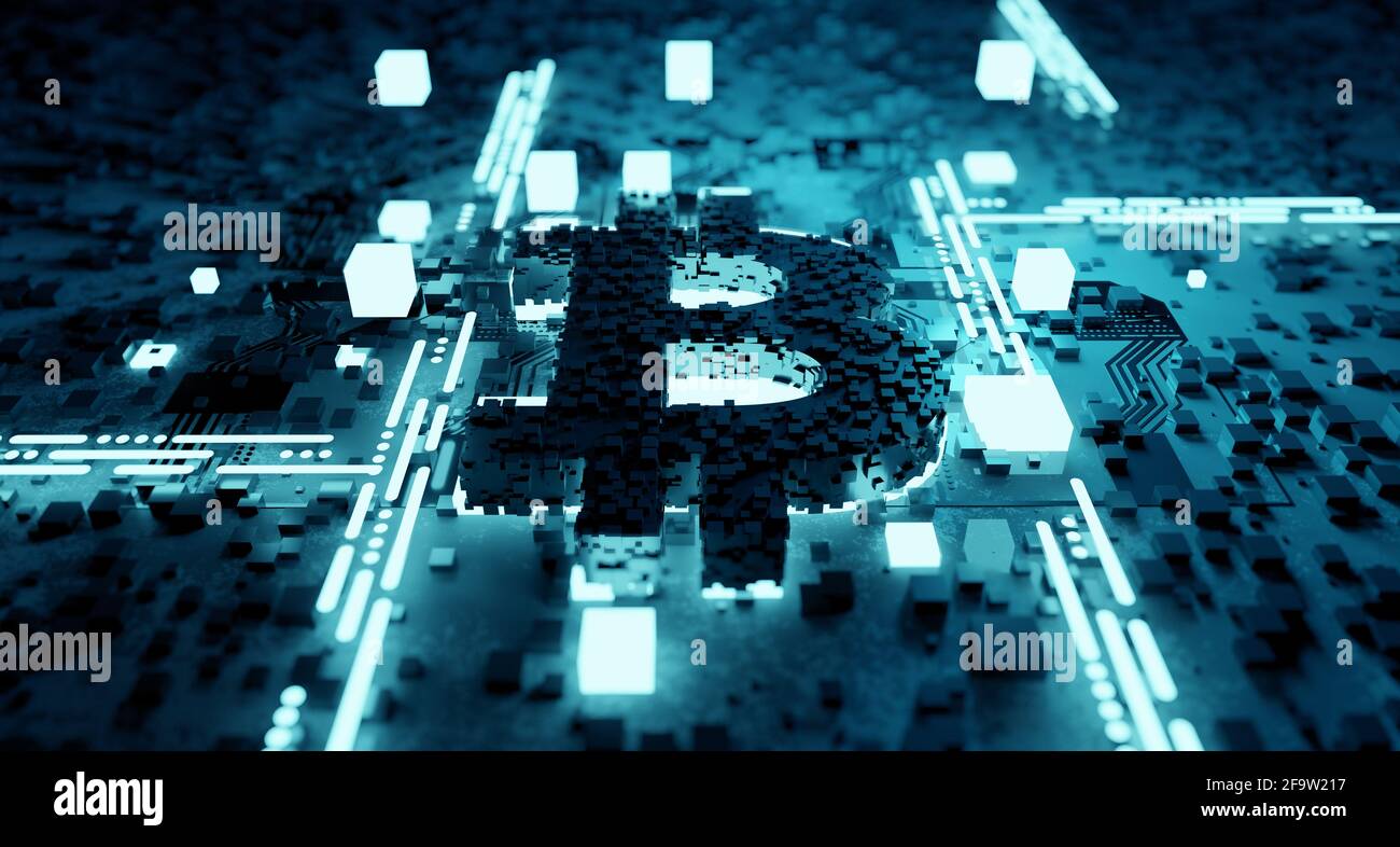 Kryptowährung Bitcoin Hardware Mining Technologie Hintergrundkonzept. 3D-Illustration Stockfoto