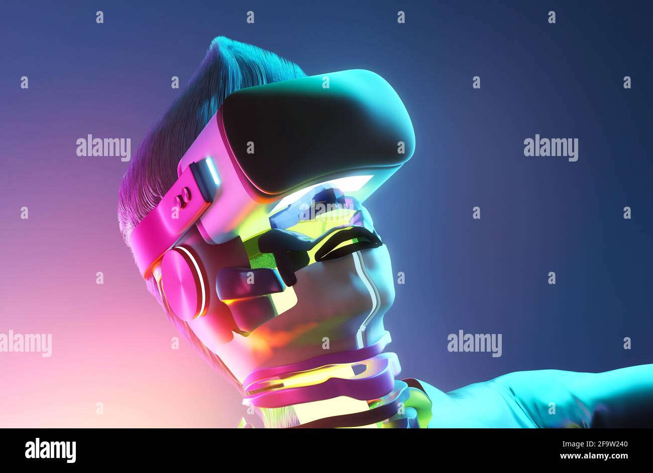 Futuristischer, surrealer Mann mit einem Virtual-Reality-Headset, VR Lifestyle 3D-Illustration. Stockfoto