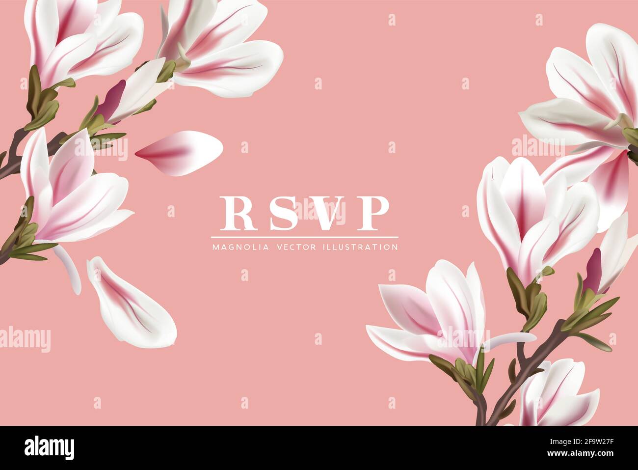 Vorlage für die Platzierung der Karte mit floralen Magnolien-Blumen RSVP. Moderne Layout-Vektor-Illustration. Stock Vektor