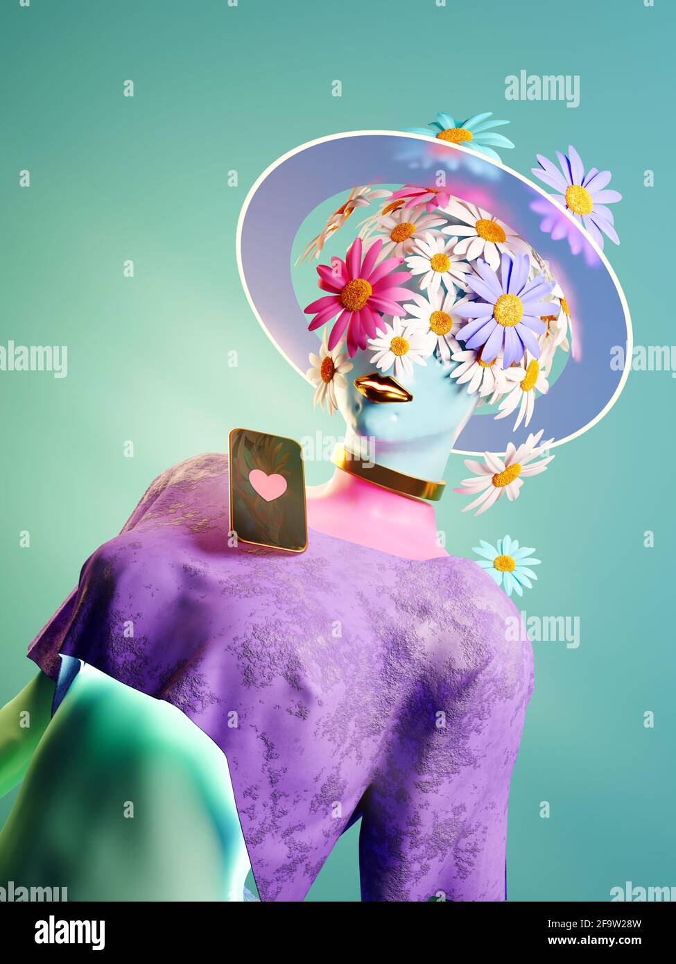 Surreal abstraktes Frauenporträt mit Blumen über Gesicht und Kopf. People 3D-Illustration Stockfoto