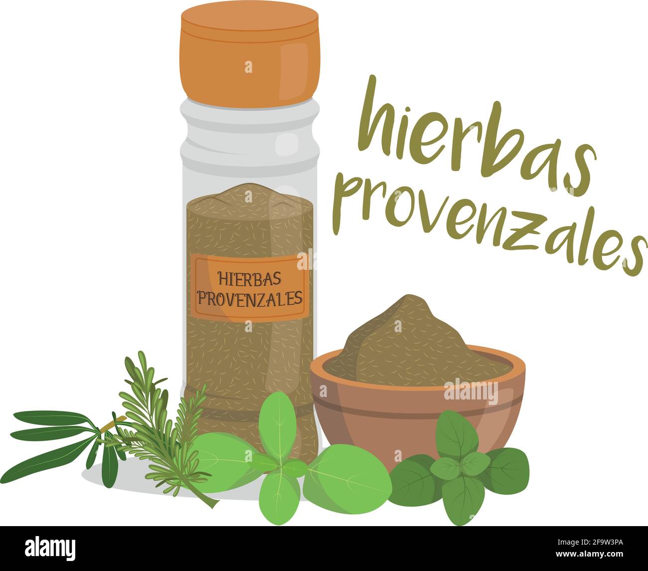 Vektor provenzalische Kräuter Illustration isoliert in Cartoon-Stil. Spanischer Name. Kräuter und Arten Serie Stock Vektor