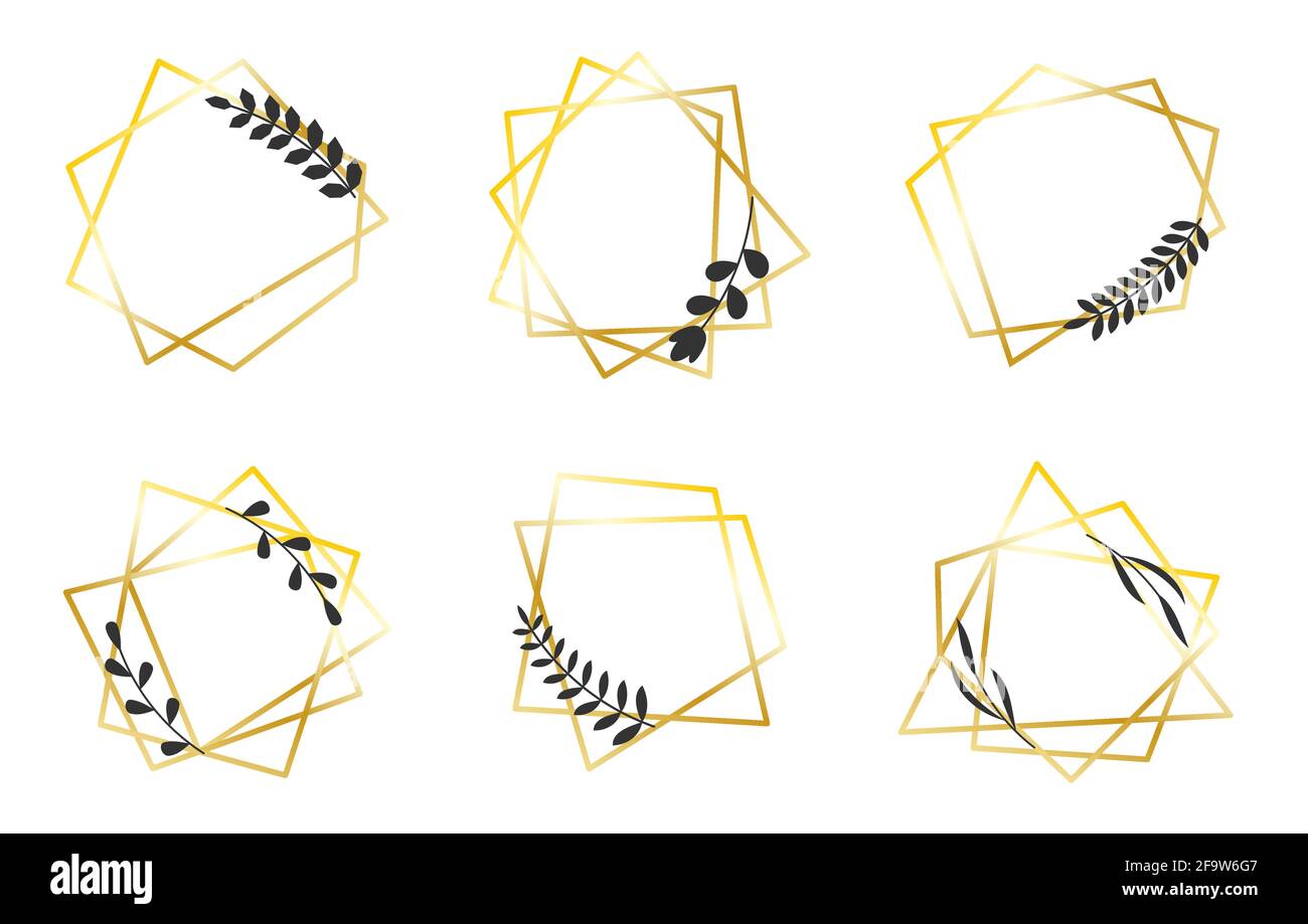 Designelemente für Hochzeitseinladungskarte, verschiedene Feiern, Poster, Flyer, Banner. Schwarze polygonale geometrische Rahmen auf Weiß isoliert. Zierlinien Bordüren. Kollektion für Grafikdesign. Stock Vektor