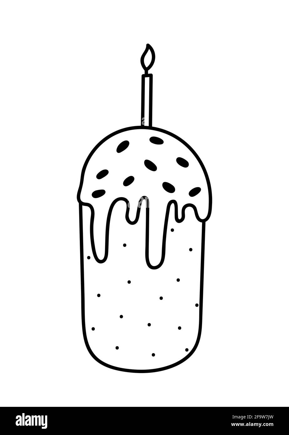 Festlicher Osterkuchen mit Kerze. Vektor-handgezeichnete Illustration im Doodle-Stil. Süßes Gebäck mit Glasur und Mandeln. Perfekt für Karten, Einladungen, Dekorationen. Stock Vektor