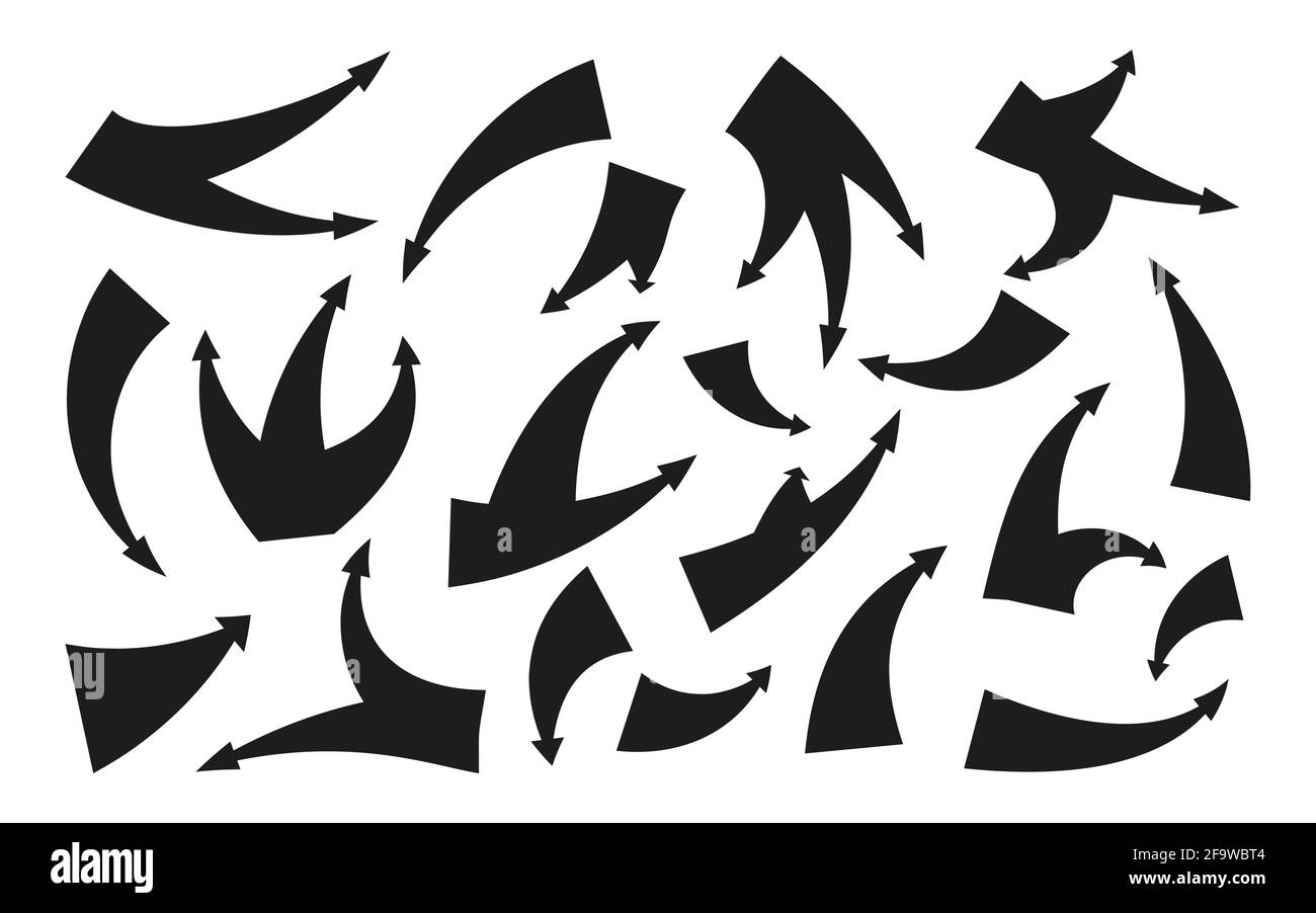 Schwarze Silhouette Angriff Pfeile Symbol gesetzt. Historischer Pfeil im Retro-Stil für die Karte. Flaches Infografik-Element des Zeigercursors. Einfaches grafisches Symbol vorwärts, zurück. Isoliert auf weißer Vektorgrafik Stock Vektor