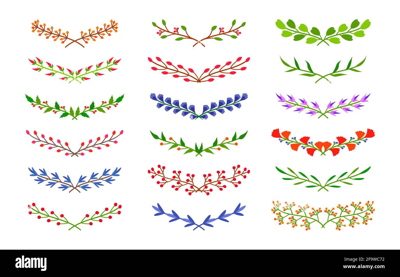 Grüne halbrunde Form Baum Zweige gesetzt. Farbe Blumenblatt oder Beere Ornament Rahmen für Ihr Design Darstellung Blattrand, Trennwand. Lorbeer, Olivenzweig. Ideal für Hochzeitskarte Vektor Illustration Stock Vektor