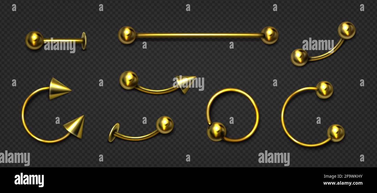 Gold Piercing Schmuck für Gesicht und Körper. Vector realistisches Set aus goldenen Ohrringen für durchbohrt Nase, Ohren, Lippen und Augenbrauen. Schmuckzubehör isoliert auf transparentem Hintergrund Stock Vektor