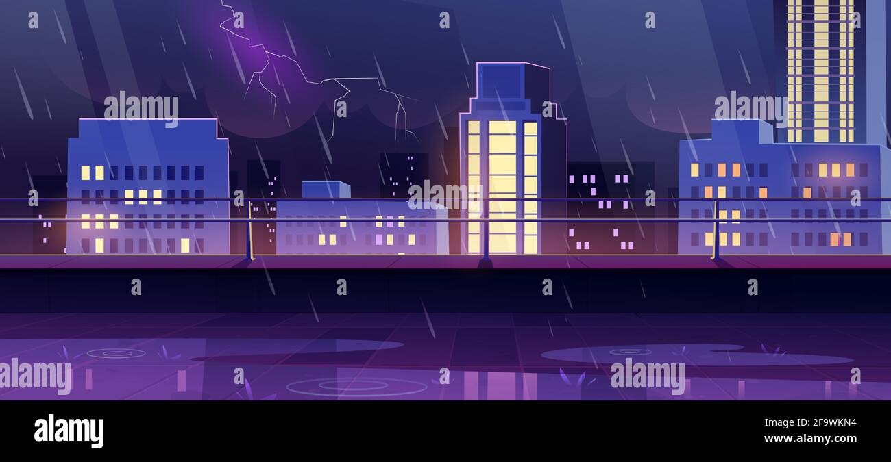Terrasse auf dem Dach bei Nacht Sturm, Blick auf die Stadt von der leeren Terrasse auf dem Dach mit Geländer auf Stadtbild Hintergrund mit modernen Gebäuden und Wolkenkratzern unter Regen und Blitze, Cartoon-Vektor-Illustration Stock Vektor