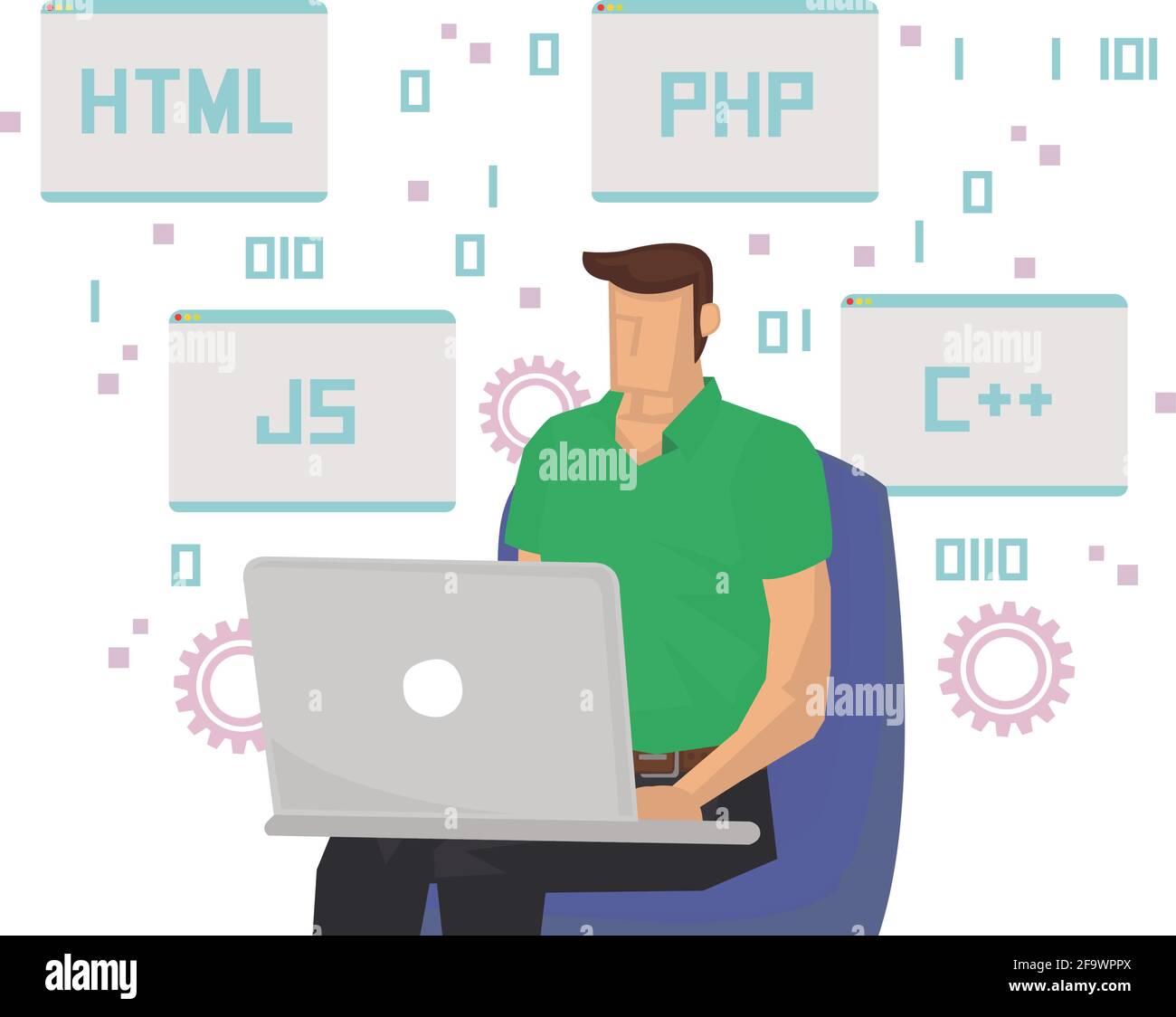 Programmierer bei der Arbeit mit verschiedenen Programmiersprachen. Konzept des freiberuflichen Coder oder Outsouce Worker. Flache isometrische Vektordarstellung isoliert auf w Stock Vektor