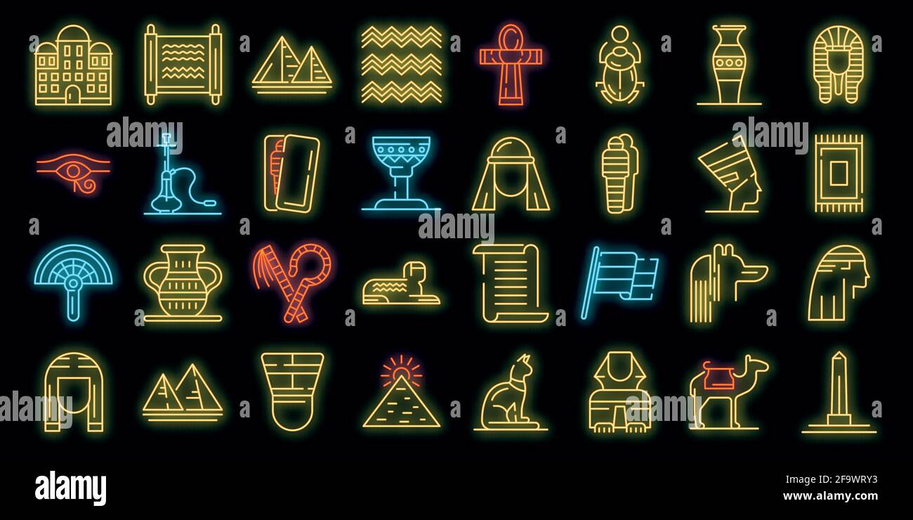 Ägypten Symbole gesetzt. Umriss Satz von Ägypten Vektor-Symbole Neonfarbe auf schwarz Stock Vektor