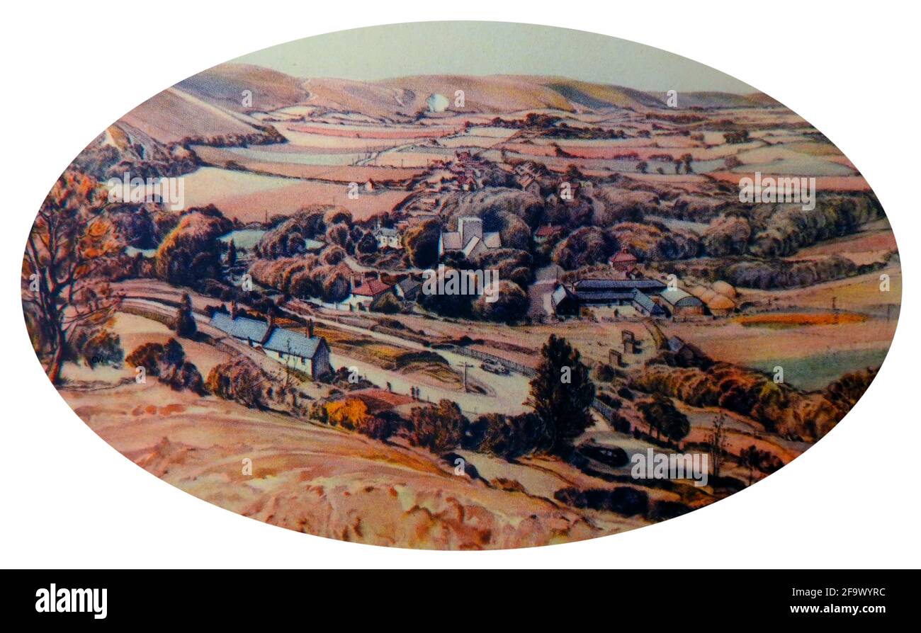 Eine alte farbige Skizze des Dorfes Poynings, Sussex. Stockfoto