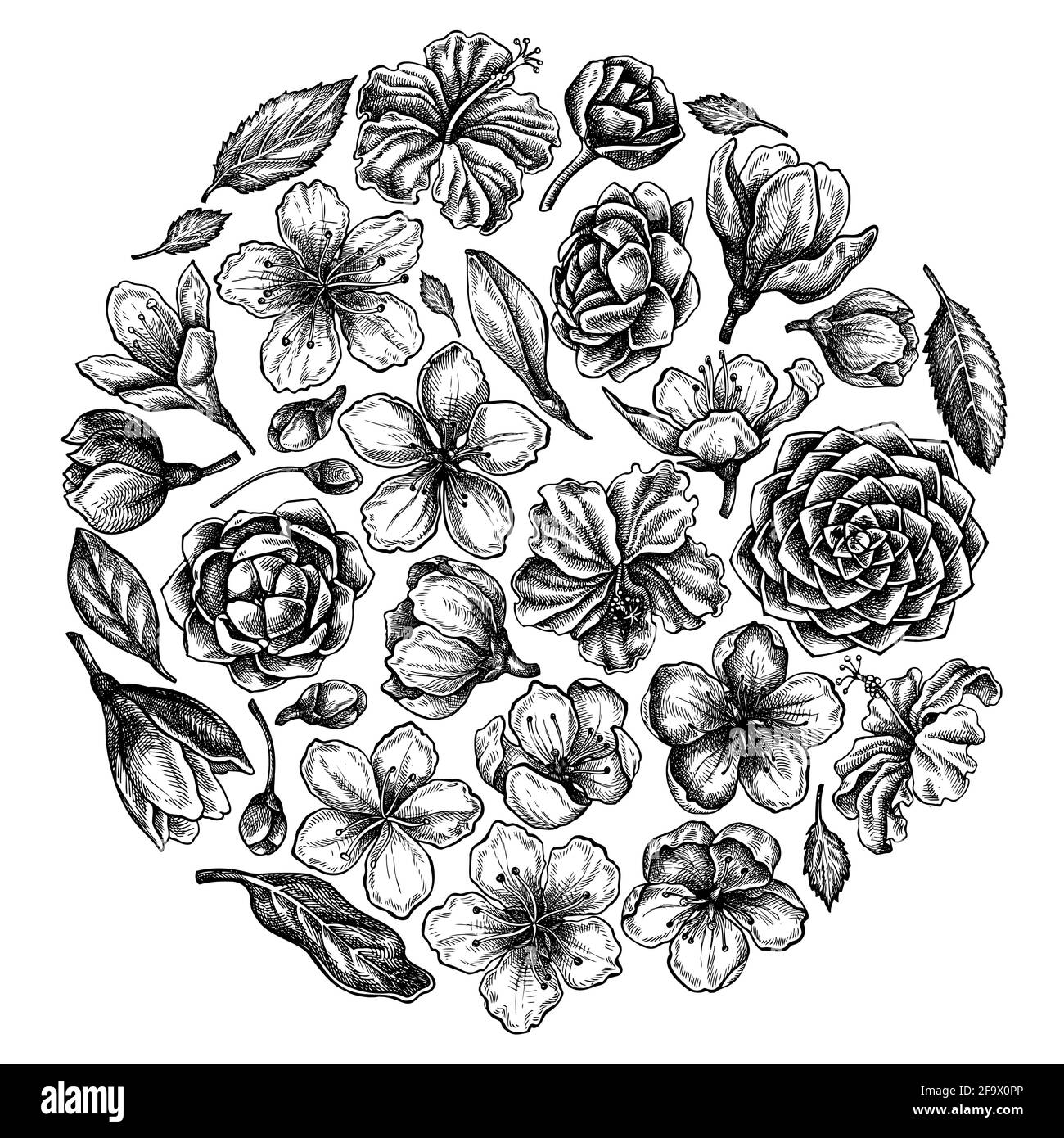 Rundes Blumenmuster mit schwarz-weißem Hibiskus, Pflaumenblüten, Pfirsichblüten, Sakura-Blüten, Magnolienblüten, camellia japonica Stock Vektor