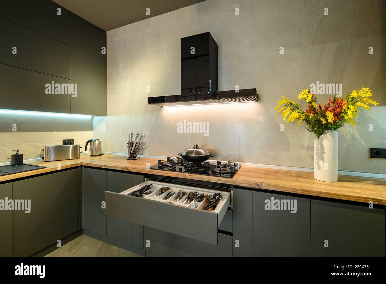 Moderne, große, luxuriöse, dunkelgraue Küche mit ausziehbare Schublade Stockfoto