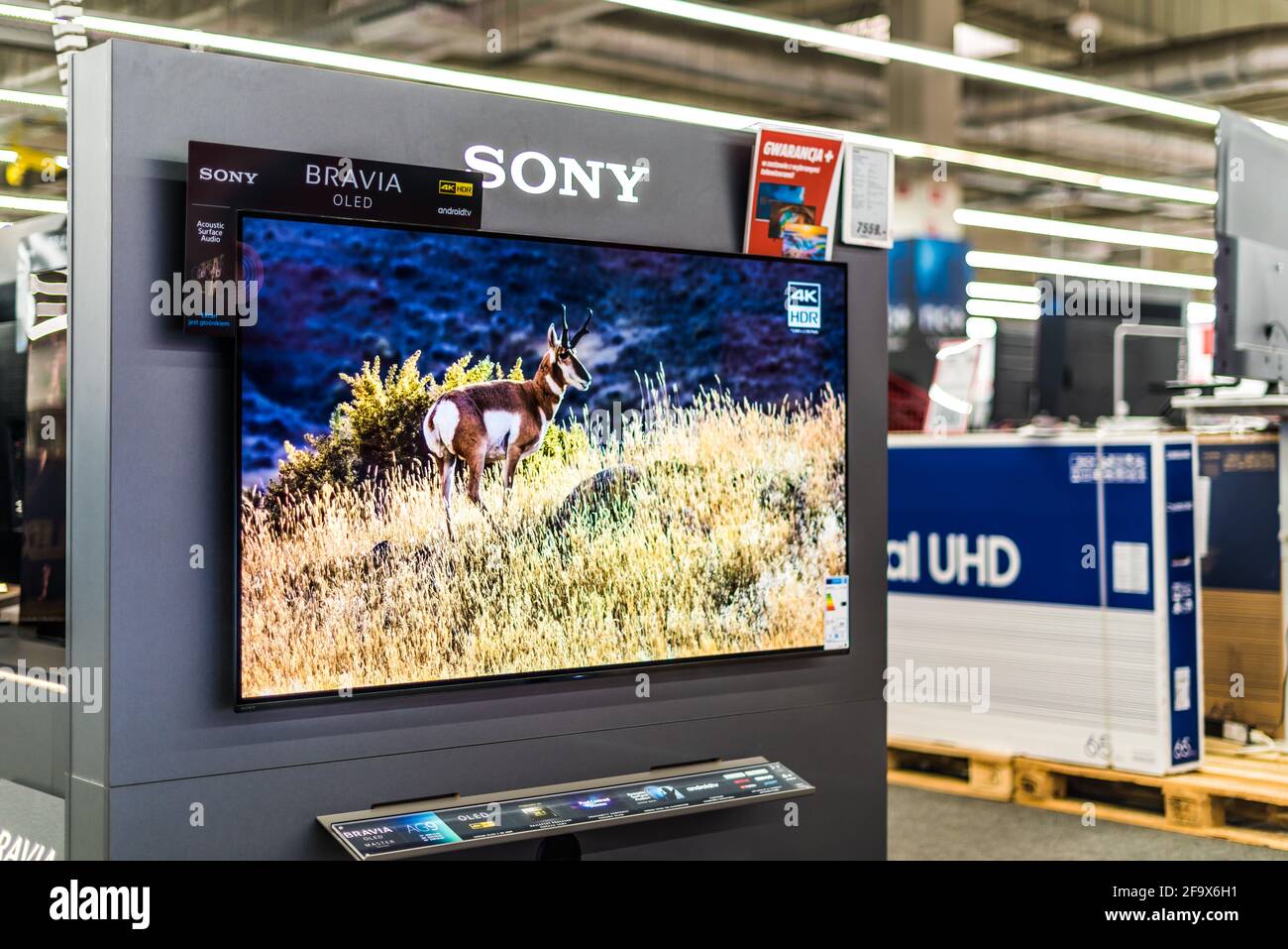 POZNAN, POL - 24. FEB 2021: Modernes Flachbildfernseher von Sony in einem Elektronikgeschäft zum Verkauf Stockfoto