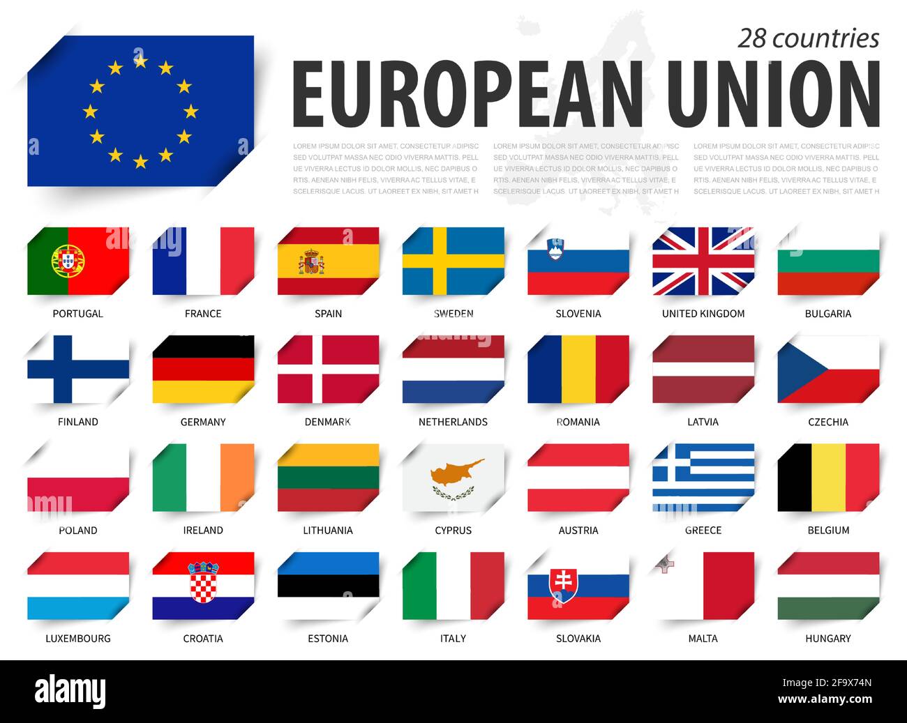 Europäische Union . EU-Flagge und Ländermitgliedschaft . Und europa-Karte im Hintergrund . Eingefügtes Papier Fahnen Design . Vektor . Stock Vektor