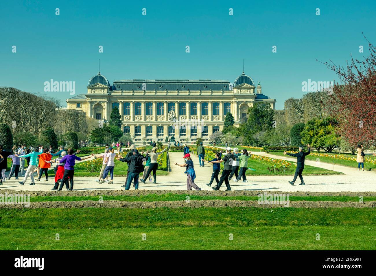 Paris, Frankreich - 31. März 2021: Gruppe aktiver älterer Menschen, die im Frühjahr in Paris Übungen im Park machen Stockfoto