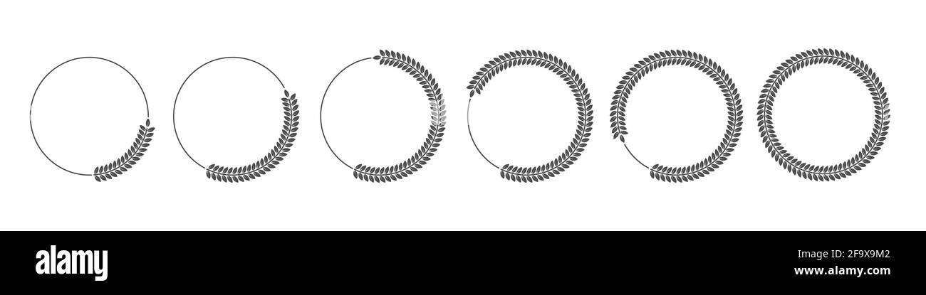 Schwarzes Lorbeerkranz-Set mit rundem Rahmen. Ringe mit Blättern, Kreis Award Logo oder Emblem Vektor Illustration. Römisches kreisförmiges Abzeichen für Jubiläum, Hochzeit Stock Vektor