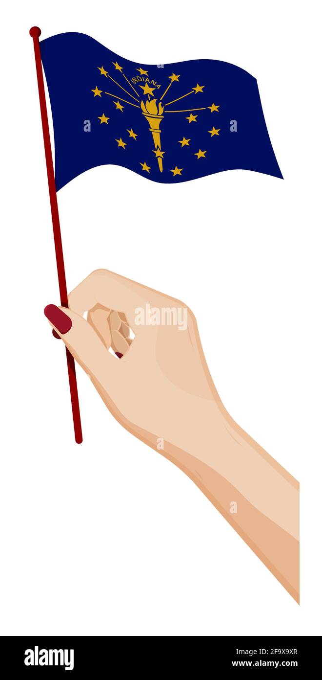 Weibliche Hand hält sanft kleine Flagge des amerikanischen Staates Indiana. Design-Element für den Urlaub. Cartoon-Vektor auf weißem Hintergrund Stock Vektor