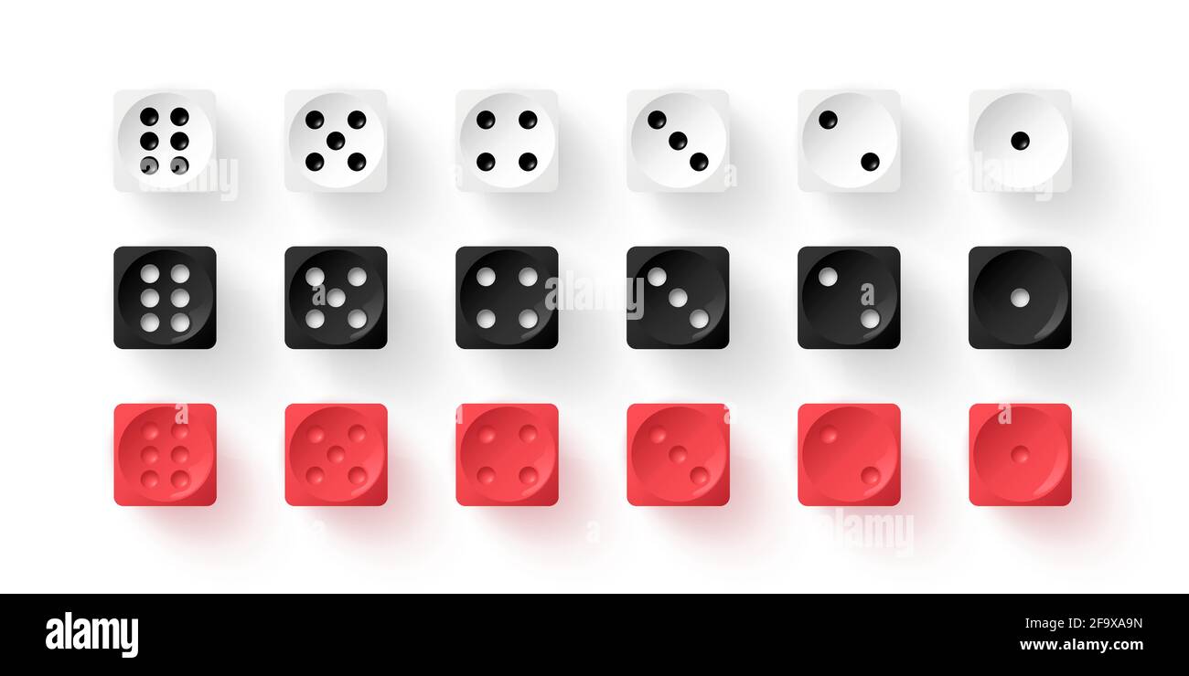 Rote, schwarze, weiße Würfelwürfel für das Glücksspiel-Set. Casino Craps und spielen Spiele Vektor Illustration. Poker Würfel in verschiedenen Farben, Zahlen mit Punkten i Stock Vektor