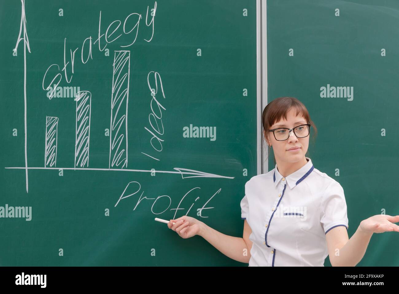 Eine junge Geschäftscoach-Frau in weißer Bluse und Brille zeigt mit ihrer Hand ein Diagramm des Unternehmensaufbaus auf einer Grafik. Büroarbeit Stockfoto