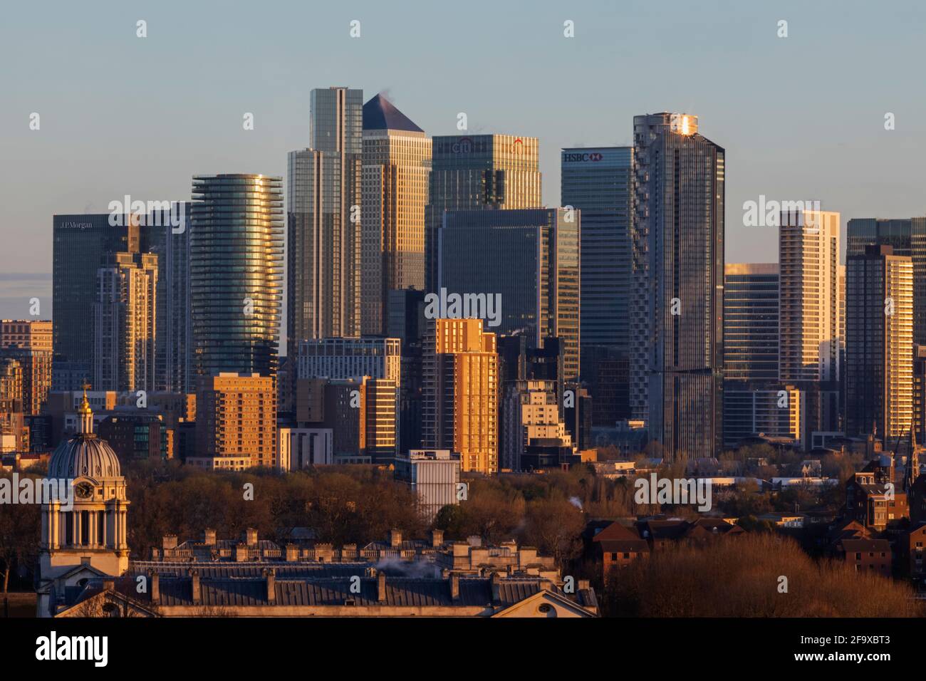 England, London, Greenwich, Canary Wharf Skyline Blick vom Greenwich Park Stockfoto