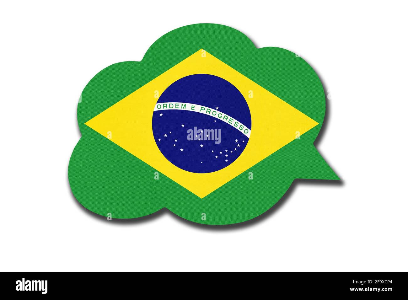 3d-Sprechblase mit isolierter brasilianischer Nationalflagge auf weißem Hintergrund. Spreche und lerne Portugiesisch. Symbol des brasilianischen Landes. World Commu Stockfoto