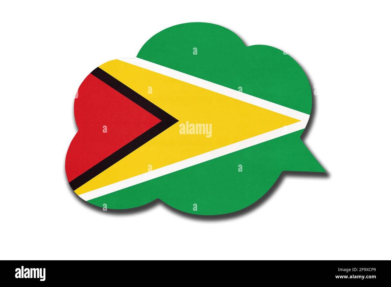 3d-Sprechblase mit galvanischer Nationalflagge auf weißem Hintergrund. Symbol des Landes Guyana. Weltkommunikationszeichen. Stockfoto