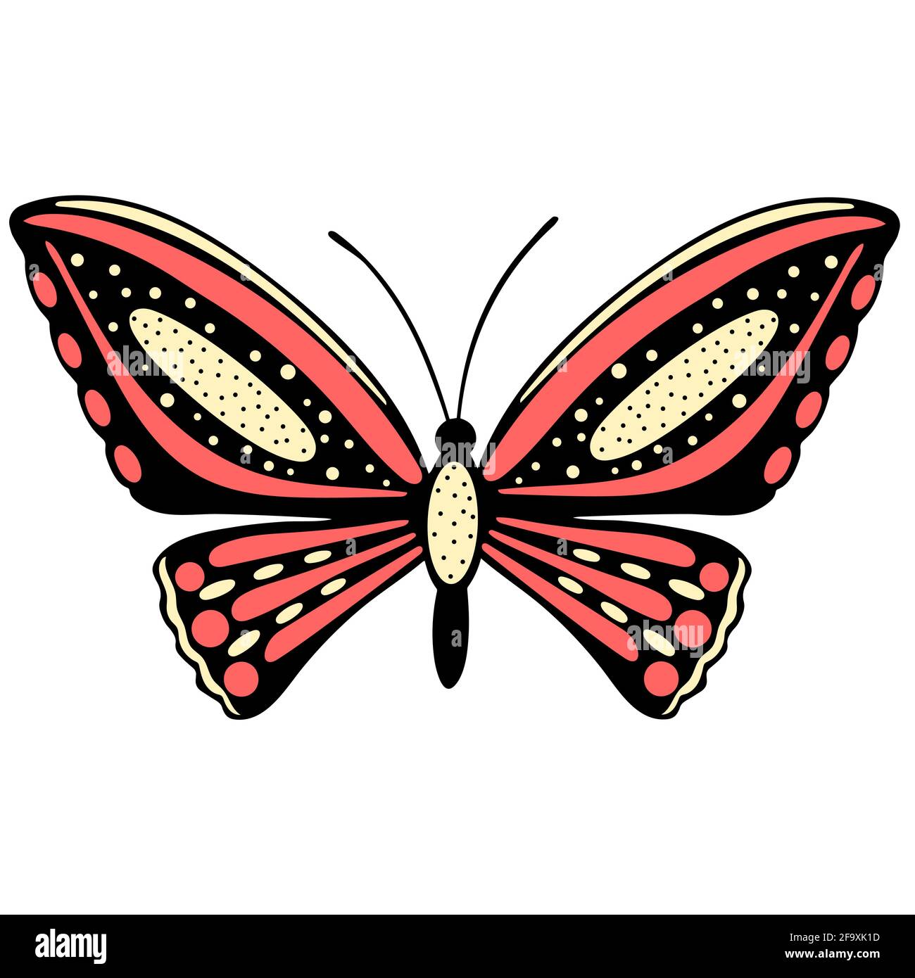 Der Schmetterling ist rot. Eine schöne Motte mit Flecken. Fliegendes Insekt mit farbigen Flügeln.Vektor. Stock Vektor