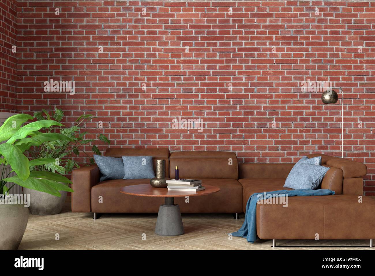 Leere rote Ziegelwand des Loft-Wohnzimmers, die sich nachgeahmt hat Stockfoto