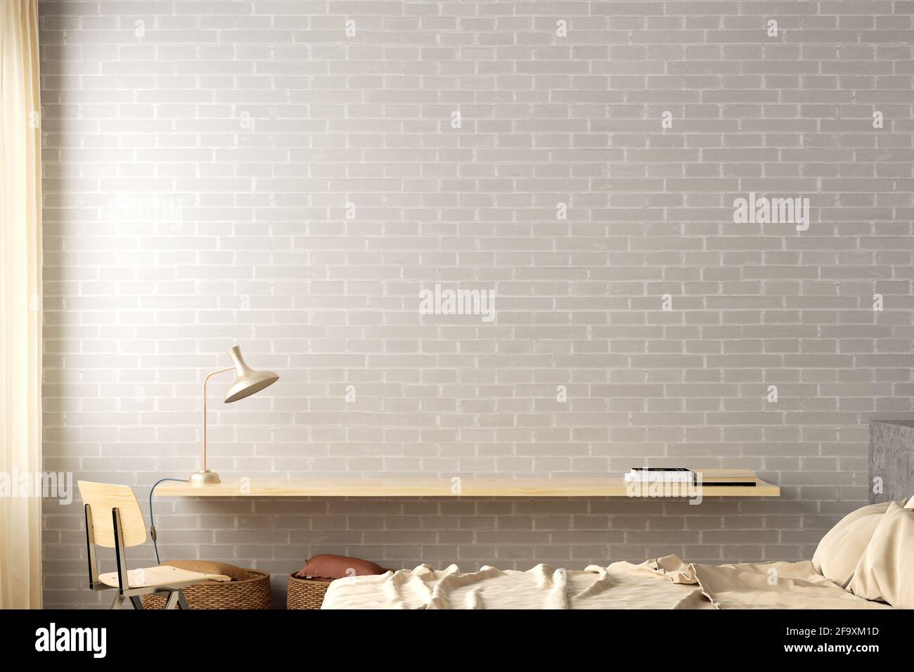 Leere weiße Ziegelwand im Loft-Stil Schlafzimmer nachempfunden Stockfoto