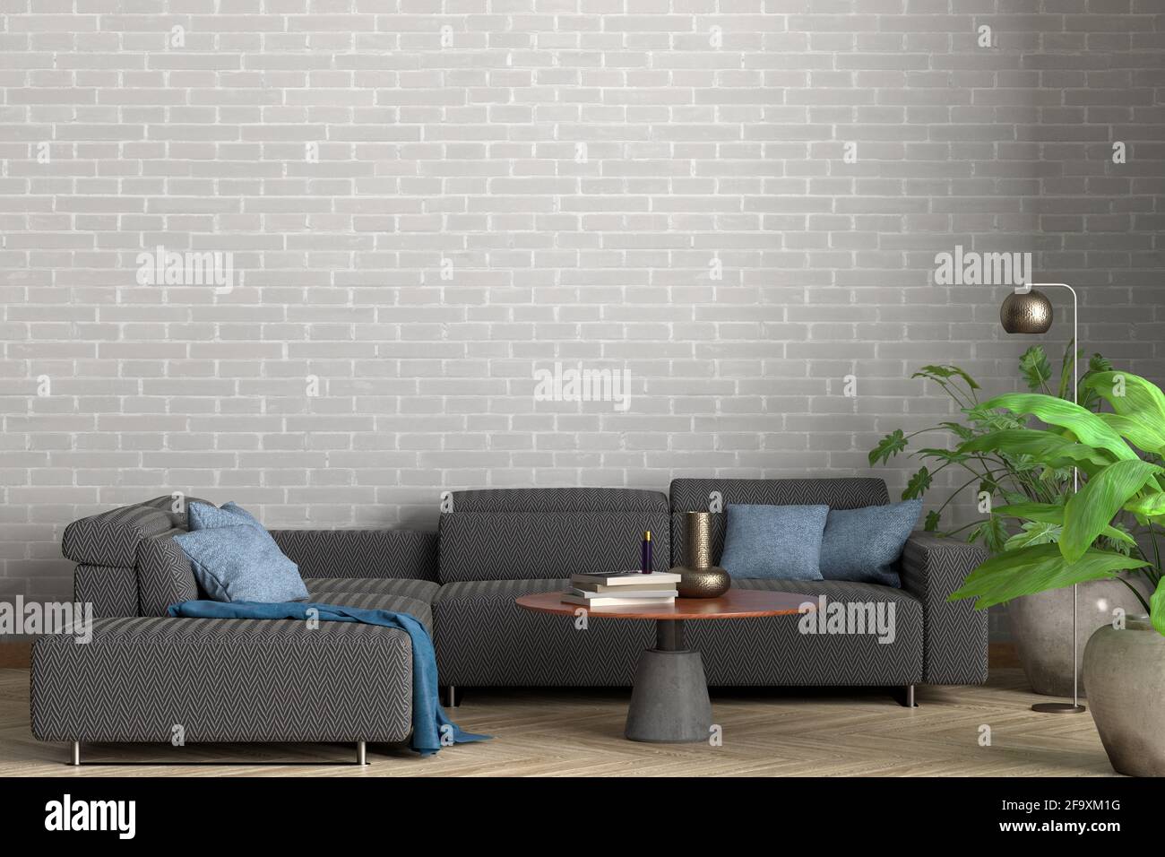 Leere weiße Ziegelwand des Wohnzimmers im Loft-Stil Stockfoto