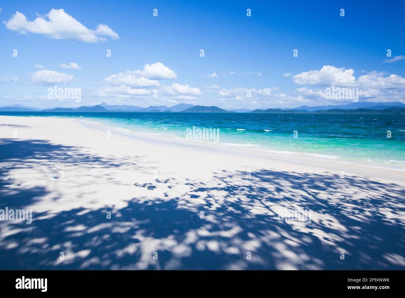 Reine tropische Insel im sonnigen Sommer, strahlend weißer Sandstrand und Wolken gegen blauen Himmel, fantastischer Schatten von Bäumen am Sandstrand. Thailand. Stockfoto