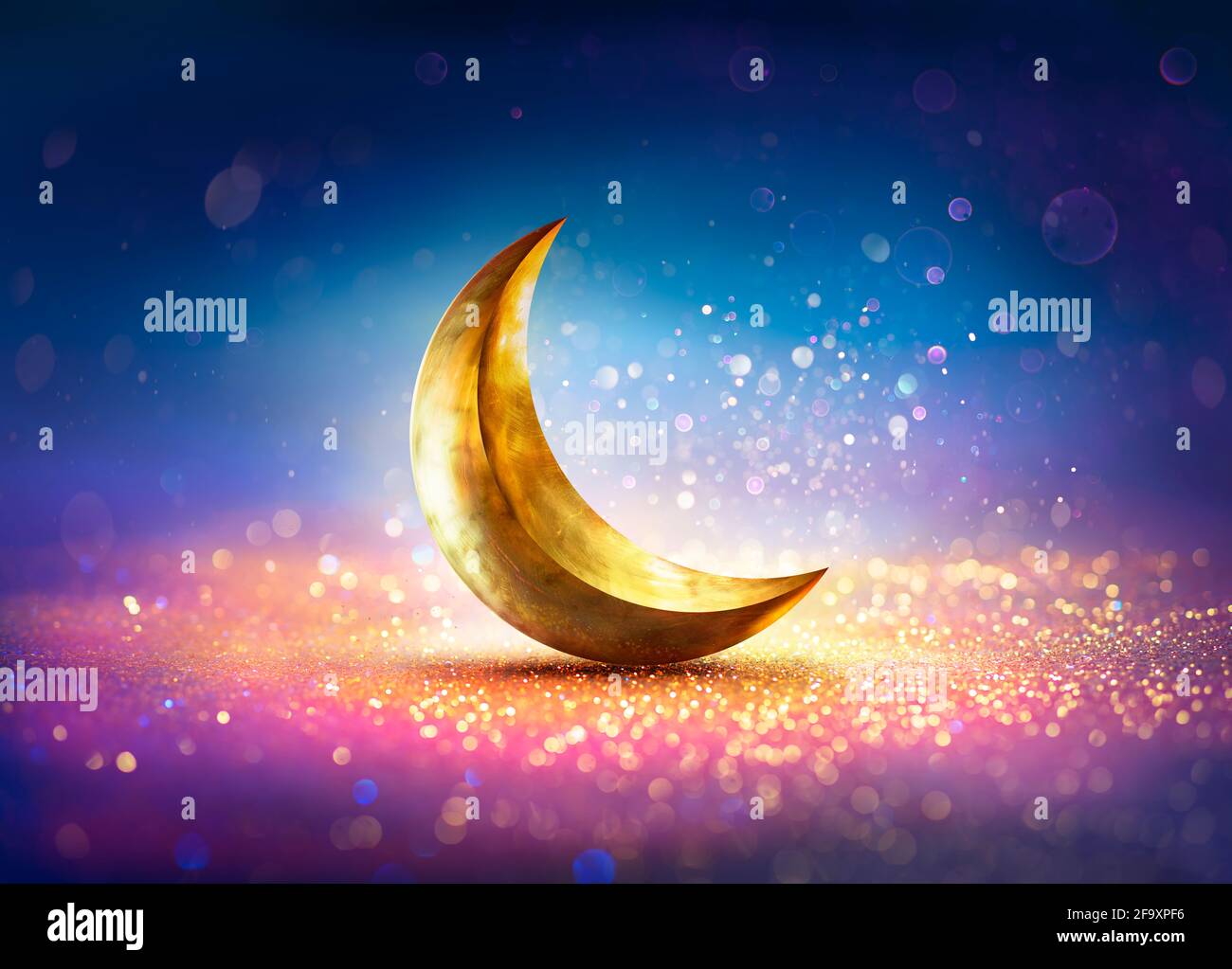 Ramadan Kareem - Mond Auf Glänzendem Glitzer Mit Abstraktem Unschärfe-Muster Leuchtet Stockfoto