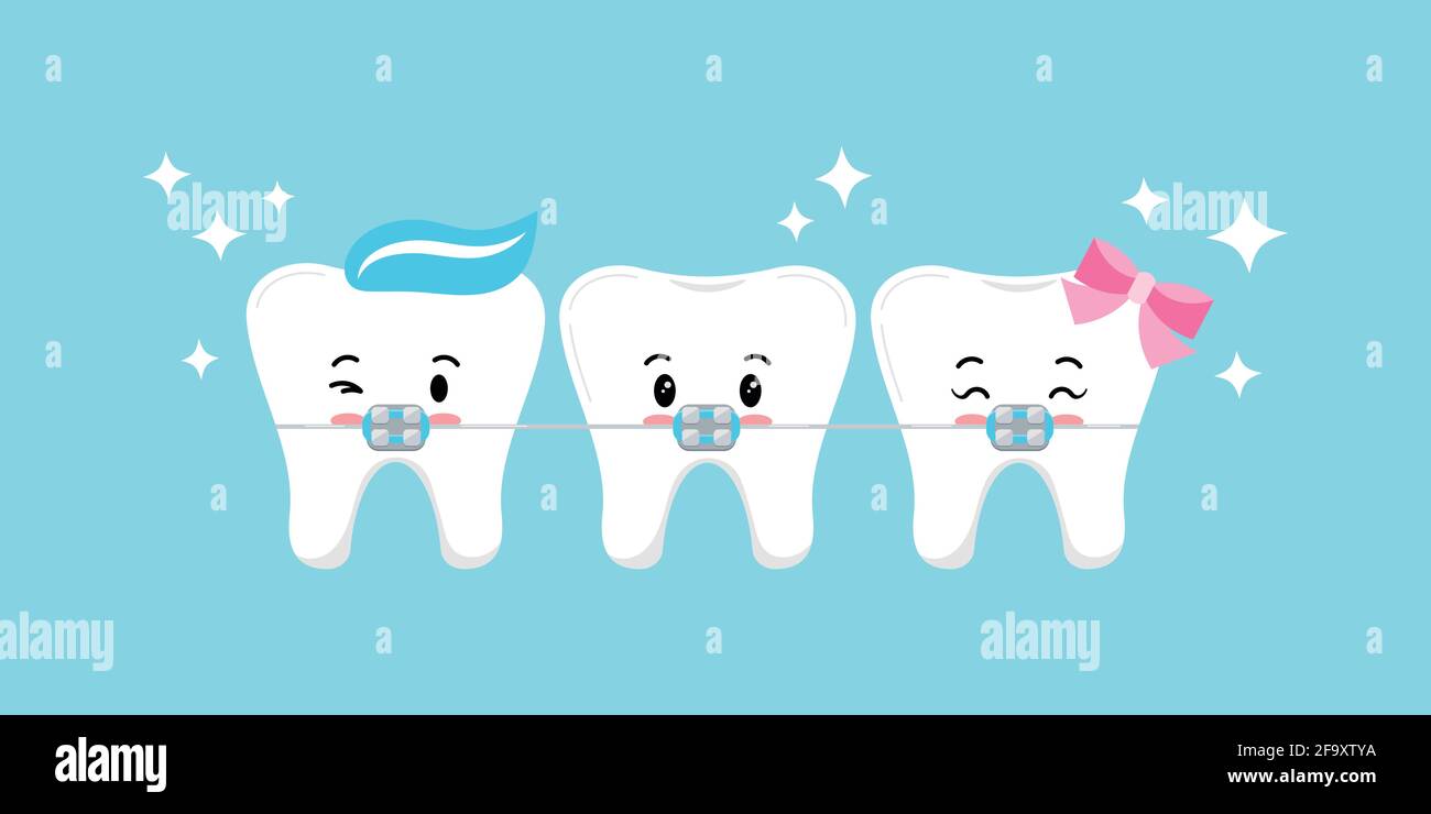 Niedlichen Zahn mit Zahnspangen emoji Charakter. Stock Vektor