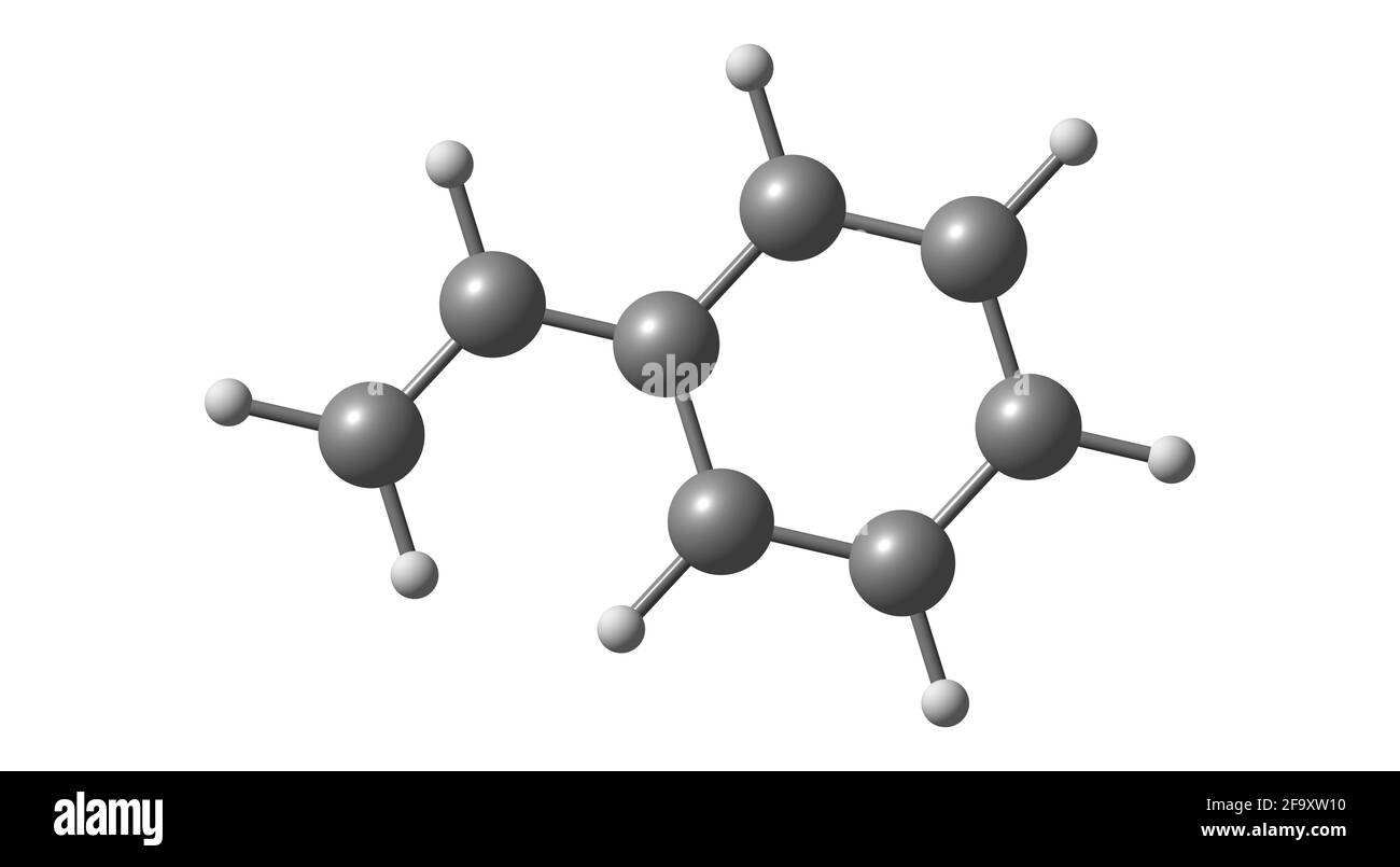 Styrol ist eine organische Verbindung mit der chemischen Formel C6H5CH-CH2. Dieses Derivat von Benzol ist eine farblose, ölige Flüssigkeit, obwohl gealterte Proben dies können Stockfoto